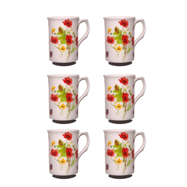 10Fl oz Bone China Poppies & Ladybird Mugs - Set of 6 Gift Boxed